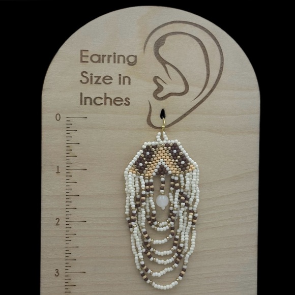 Seed Bead Loop Pearly White Brown Tones Statement Dangle Earrings - Picture 2 of 3